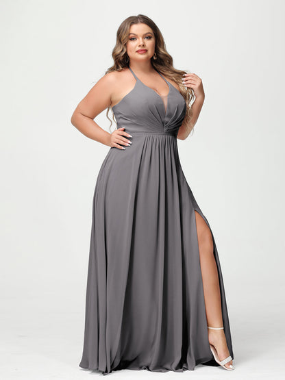 A-Line/Princesa Halter Sem Mangas Chiffon Ruched Split Side Plus Size Vestidos de Dama de Honra com Bolsos