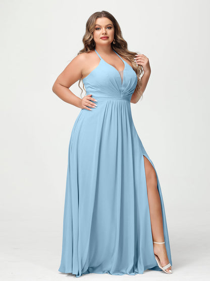 A-Line/Princesa Halter Sem Mangas Chiffon Ruched Split Side Plus Size Vestidos de Dama de Honra com Bolsos