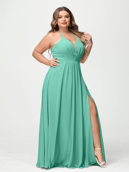 A-Line/Princesa Halter Sem Mangas Chiffon Ruched Split Side Plus Size Vestidos de Dama de Honra com Bolsos