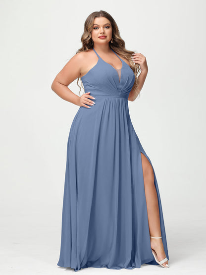 A-Line/Princesa Halter Sem Mangas Chiffon Ruched Split Side Plus Size Vestidos de Dama de Honra com Bolsos