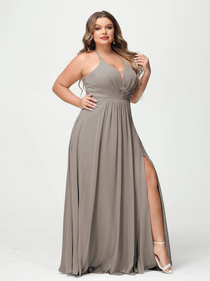 A-Line/Princesa Halter Sem Mangas Chiffon Ruched Split Side Plus Size Vestidos de Dama de Honra com Bolsos