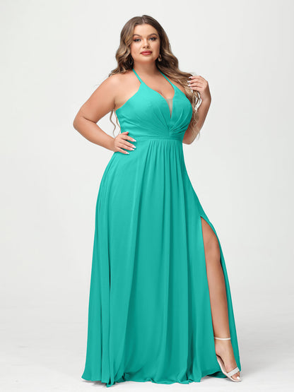 A-Line/Princesa Halter Sem Mangas Chiffon Ruched Split Side Plus Size Vestidos de Dama de Honra com Bolsos