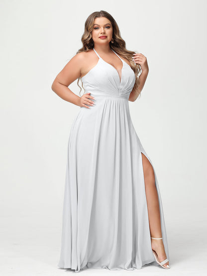 A-Line/Princesa Halter Sem Mangas Chiffon Ruched Split Side Plus Size Vestidos de Dama de Honra com Bolsos