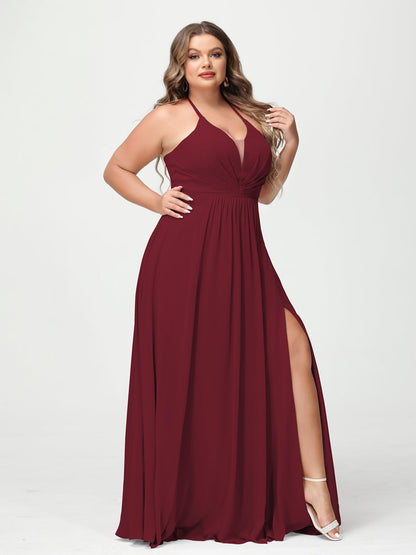 A-Line/Princesa Halter Sem Mangas Chiffon Ruched Split Side Plus Size Vestidos de Dama de Honra com Bolsos
