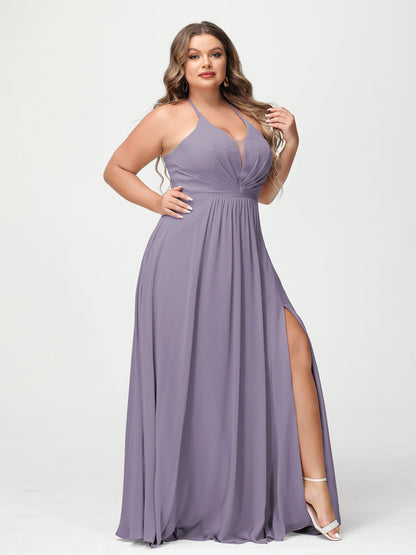 A-Line/Princesa Halter Sem Mangas Chiffon Ruched Split Side Plus Size Vestidos de Dama de Honra com Bolsos