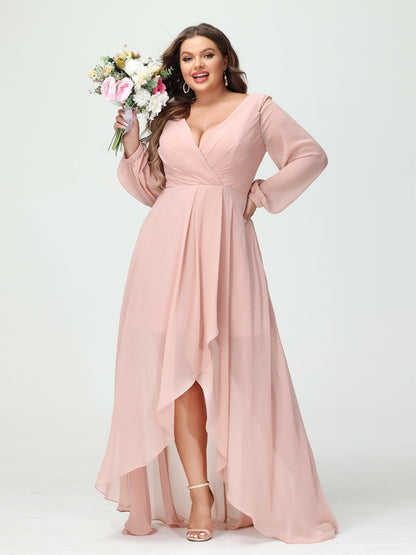 Vestidos Princesa/ Formato A Decote Em V Manga Comprida Chiffon Folhos Assimétricos Vestidos de Dama de Honra com Bolsos
