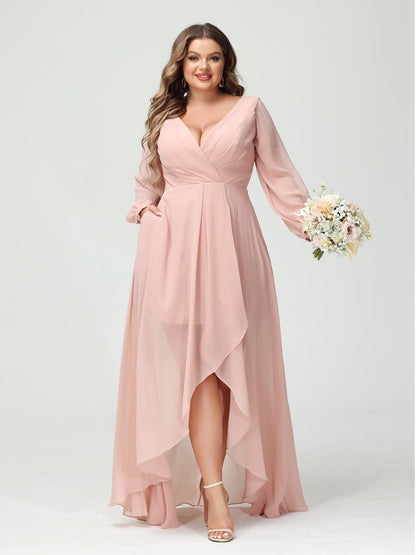 Vestidos Princesa/ Formato A Decote Em V Manga Comprida Chiffon Folhos Assimétricos Vestidos de Dama de Honra com Bolsos