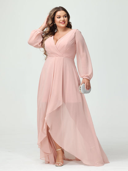 Vestidos Princesa/ Formato A Decote Em V Manga Comprida Chiffon Folhos Assimétricos Vestidos de Dama de Honra com Bolsos