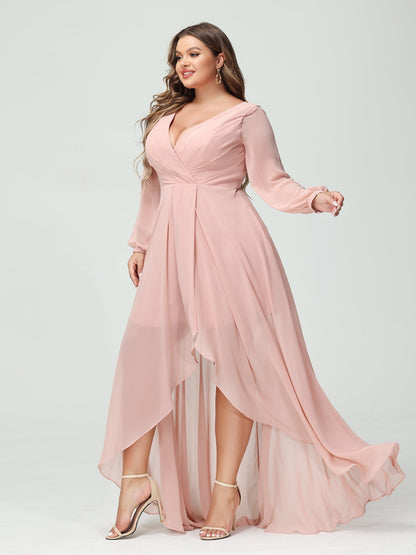 Vestidos Princesa/ Formato A Decote Em V Manga Comprida Chiffon Folhos Assimétricos Vestidos de Dama de Honra com Bolsos