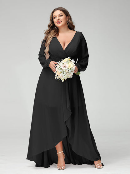 Vestidos Princesa/ Formato A Decote Em V Manga Comprida Chiffon Folhos Assimétricos Vestidos de Dama de Honra com Bolsos