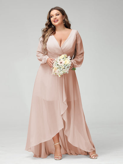 Vestidos Princesa/ Formato A Decote Em V Manga Comprida Chiffon Folhos Assimétricos Vestidos de Dama de Honra com Bolsos