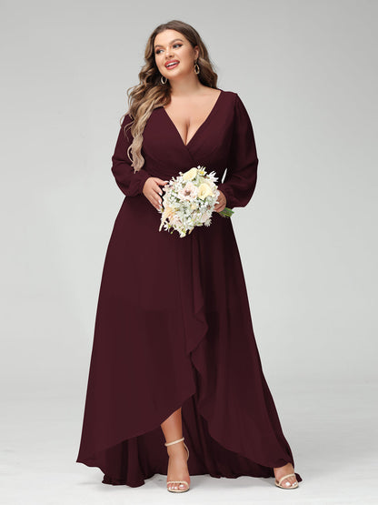 Vestidos Princesa/ Formato A Decote Em V Manga Comprida Chiffon Folhos Assimétricos Vestidos de Dama de Honra com Bolsos
