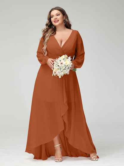 Vestidos Princesa/ Formato A Decote Em V Manga Comprida Chiffon Folhos Assimétricos Vestidos de Dama de Honra com Bolsos