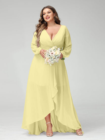 Vestidos Princesa/ Formato A Decote Em V Manga Comprida Chiffon Folhos Assimétricos Vestidos de Dama de Honra com Bolsos