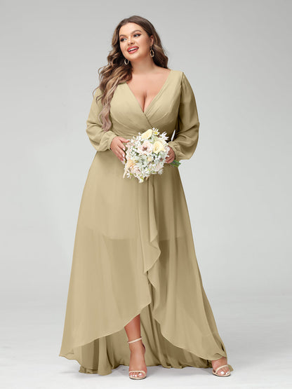 Vestidos Princesa/ Formato A Decote Em V Manga Comprida Chiffon Folhos Assimétricos Vestidos de Dama de Honra com Bolsos