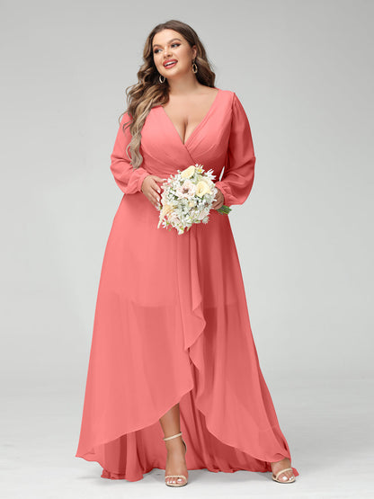 Vestidos Princesa/ Formato A Decote Em V Manga Comprida Chiffon Folhos Assimétricos Vestidos de Dama de Honra com Bolsos