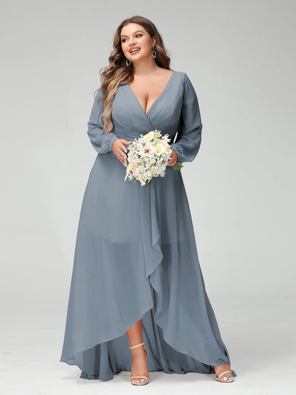 Vestidos Princesa/ Formato A Decote Em V Manga Comprida Chiffon Folhos Assimétricos Vestidos de Dama de Honra com Bolsos