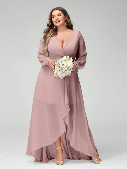 Vestidos Princesa/ Formato A Decote Em V Manga Comprida Chiffon Folhos Assimétricos Vestidos de Dama de Honra com Bolsos