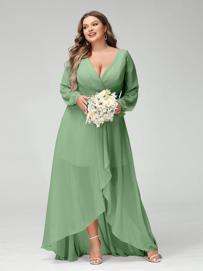 Vestidos Princesa/ Formato A Decote Em V Manga Comprida Chiffon Folhos Assimétricos Vestidos de Dama de Honra com Bolsos