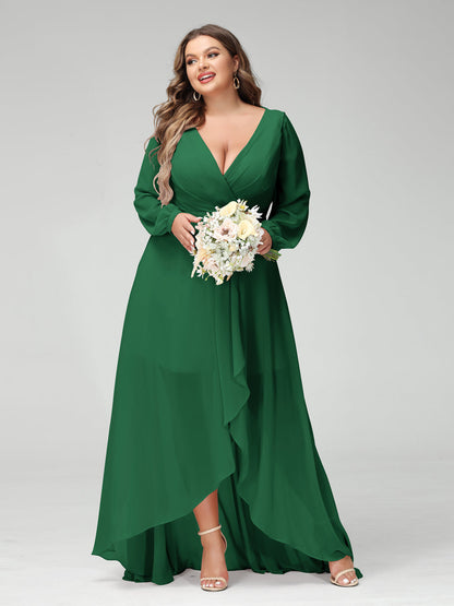 Vestidos Princesa/ Formato A Decote Em V Manga Comprida Chiffon Folhos Assimétricos Vestidos de Dama de Honra com Bolsos