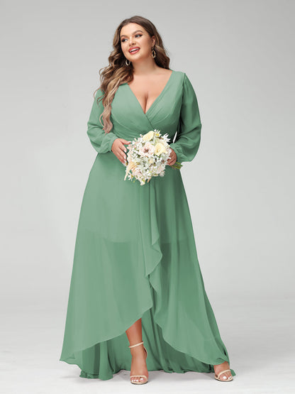 Vestidos Princesa/ Formato A Decote Em V Manga Comprida Chiffon Folhos Assimétricos Vestidos de Dama de Honra com Bolsos