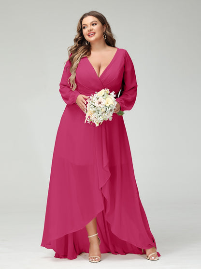 Vestidos Princesa/ Formato A Decote Em V Manga Comprida Chiffon Folhos Assimétricos Vestidos de Dama de Honra com Bolsos
