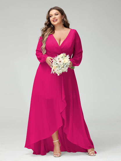 Vestidos Princesa/ Formato A Decote Em V Manga Comprida Chiffon Folhos Assimétricos Vestidos de Dama de Honra com Bolsos