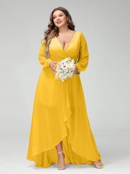 Vestidos Princesa/ Formato A Decote Em V Manga Comprida Chiffon Folhos Assimétricos Vestidos de Dama de Honra com Bolsos