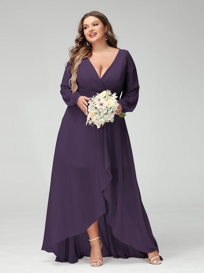 Vestidos Princesa/ Formato A Decote Em V Manga Comprida Chiffon Folhos Assimétricos Vestidos de Dama de Honra com Bolsos