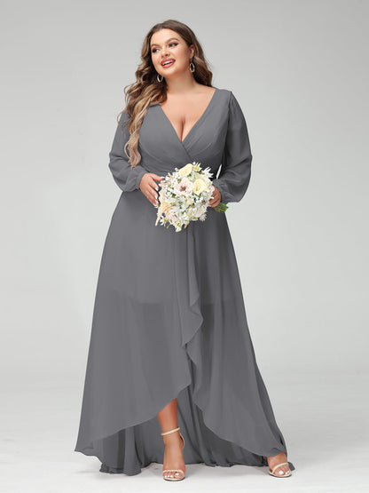 Vestidos Princesa/ Formato A Decote Em V Manga Comprida Chiffon Folhos Assimétricos Vestidos de Dama de Honra com Bolsos