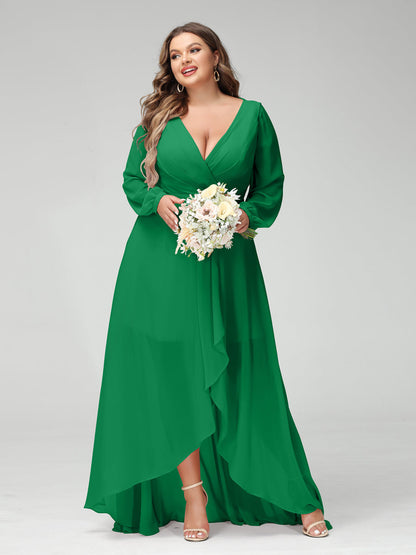 Vestidos Princesa/ Formato A Decote Em V Manga Comprida Chiffon Folhos Assimétricos Vestidos de Dama de Honra com Bolsos