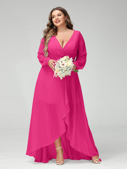 Vestidos Princesa/ Formato A Decote Em V Manga Comprida Chiffon Folhos Assimétricos Vestidos de Dama de Honra com Bolsos