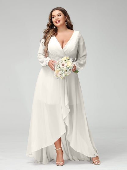 Vestidos Princesa/ Formato A Decote Em V Manga Comprida Chiffon Folhos Assimétricos Vestidos de Dama de Honra com Bolsos