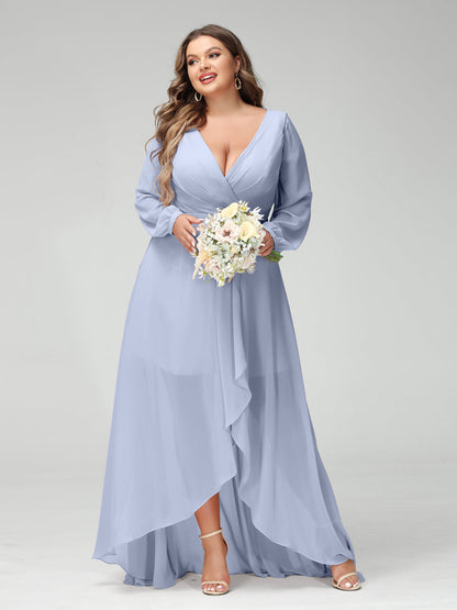 Vestidos Princesa/ Formato A Decote Em V Manga Comprida Chiffon Folhos Assimétricos Vestidos de Dama de Honra com Bolsos