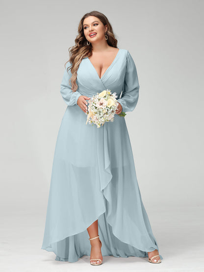 Vestidos Princesa/ Formato A Decote Em V Manga Comprida Chiffon Folhos Assimétricos Vestidos de Dama de Honra com Bolsos