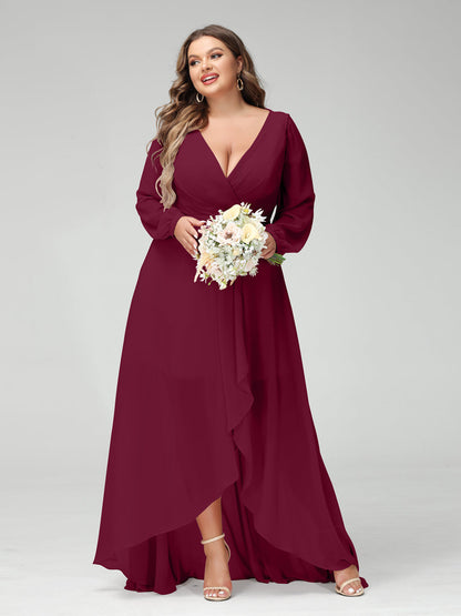 Vestidos Princesa/ Formato A Decote Em V Manga Comprida Chiffon Folhos Assimétricos Vestidos de Dama de Honra com Bolsos