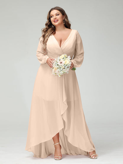 Vestidos Princesa/ Formato A Decote Em V Manga Comprida Chiffon Folhos Assimétricos Vestidos de Dama de Honra com Bolsos