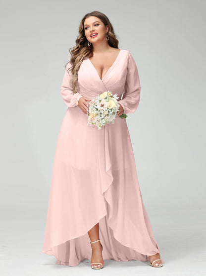 Vestidos Princesa/ Formato A Decote Em V Manga Comprida Chiffon Folhos Assimétricos Vestidos de Dama de Honra com Bolsos