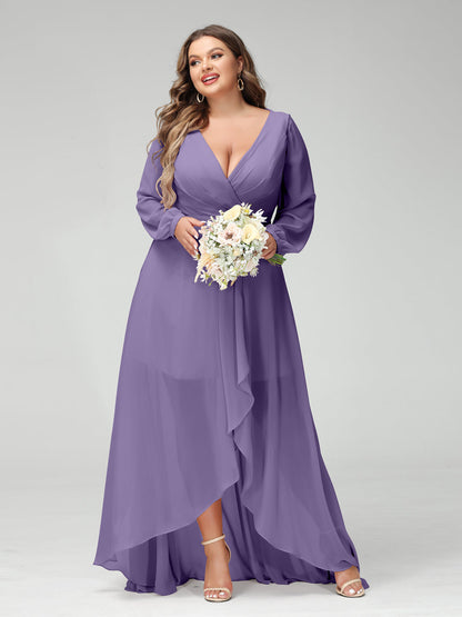 Vestidos Princesa/ Formato A Decote Em V Manga Comprida Chiffon Folhos Assimétricos Vestidos de Dama de Honra com Bolsos