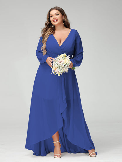 Vestidos Princesa/ Formato A Decote Em V Manga Comprida Chiffon Folhos Assimétricos Vestidos de Dama de Honra com Bolsos