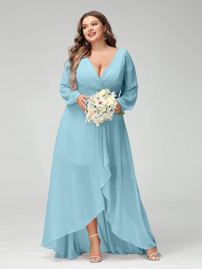 Vestidos Princesa/ Formato A Decote Em V Manga Comprida Chiffon Folhos Assimétricos Vestidos de Dama de Honra com Bolsos