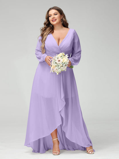 Vestidos Princesa/ Formato A Decote Em V Manga Comprida Chiffon Folhos Assimétricos Vestidos de Dama de Honra com Bolsos