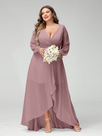 Vestidos Princesa/ Formato A Decote Em V Manga Comprida Chiffon Folhos Assimétricos Vestidos de Dama de Honra com Bolsos