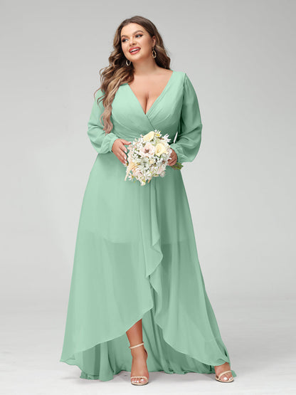 Vestidos Princesa/ Formato A Decote Em V Manga Comprida Chiffon Folhos Assimétricos Vestidos de Dama de Honra com Bolsos