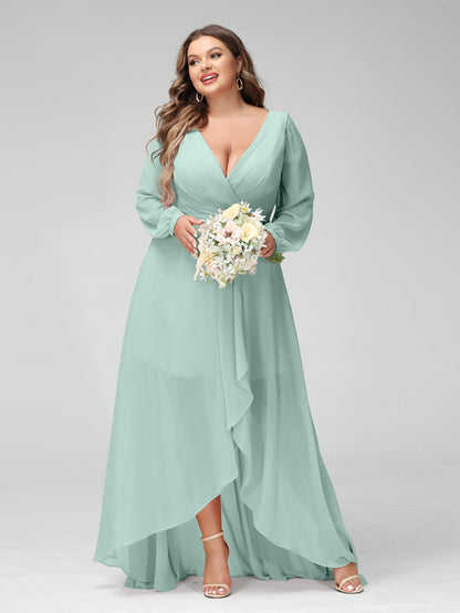 Vestidos Princesa/ Formato A Decote Em V Manga Comprida Chiffon Folhos Assimétricos Vestidos de Dama de Honra com Bolsos