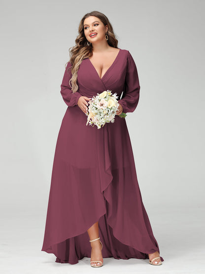 Vestidos Princesa/ Formato A Decote Em V Manga Comprida Chiffon Folhos Assimétricos Vestidos de Dama de Honra com Bolsos