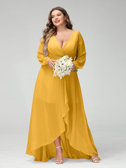 Vestidos Princesa/ Formato A Decote Em V Manga Comprida Chiffon Folhos Assimétricos Vestidos de Dama de Honra com Bolsos