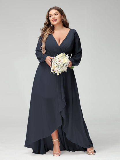 Vestidos Princesa/ Formato A Decote Em V Manga Comprida Chiffon Folhos Assimétricos Vestidos de Dama de Honra com Bolsos