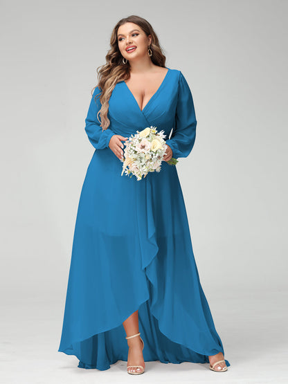 Vestidos Princesa/ Formato A Decote Em V Manga Comprida Chiffon Folhos Assimétricos Vestidos de Dama de Honra com Bolsos