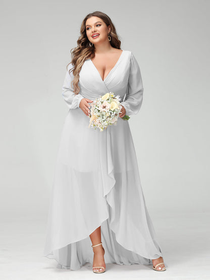 Vestidos Princesa/ Formato A Decote Em V Manga Comprida Chiffon Folhos Assimétricos Vestidos de Dama de Honra com Bolsos
